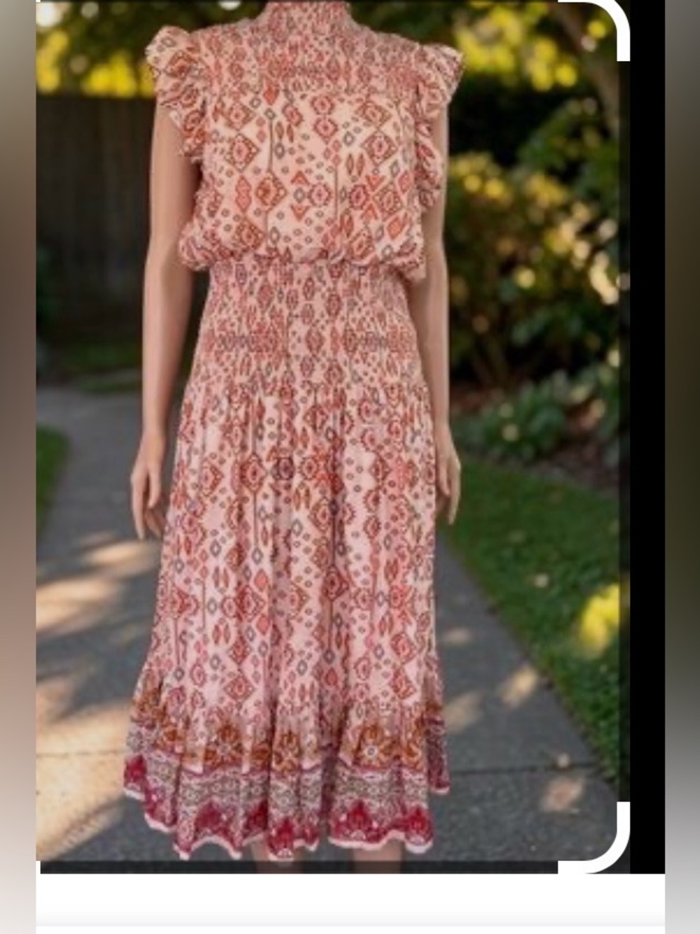 Aqua Peach and Coral Printed Smocked Midi Dress - Picture 4 of 4